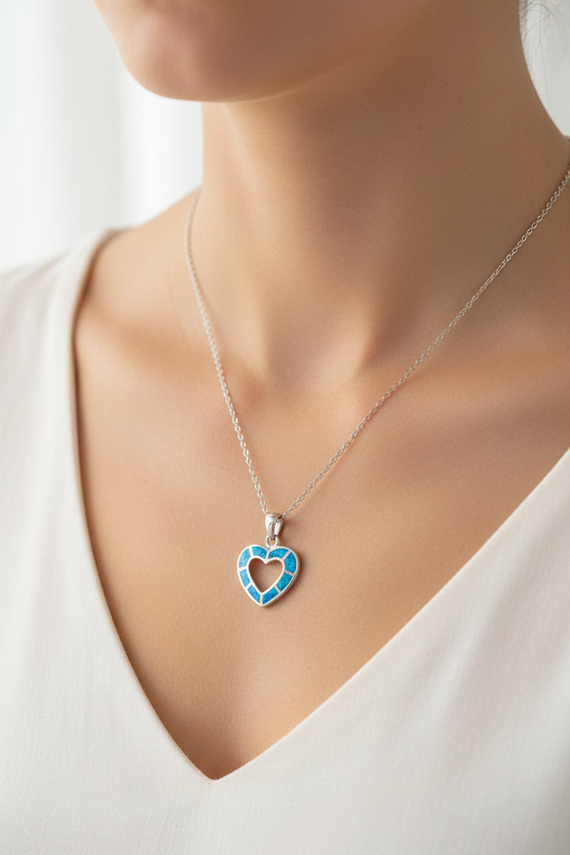Blue Opal Sterling Silver Heart Necklace