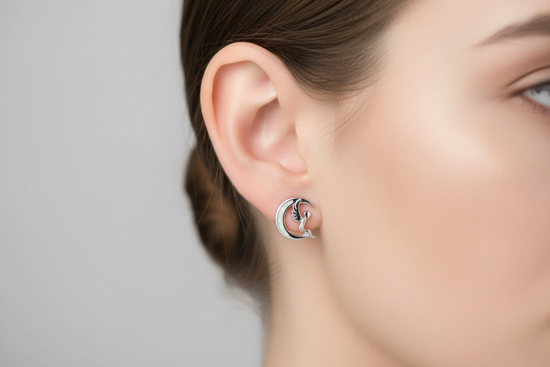 Sterling Silver Opal Angel Sitting Stud Earrings