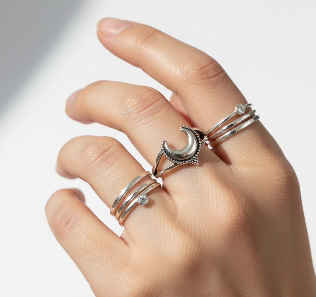 Sterling Silver Crescent Bali Beaded Moon Ring