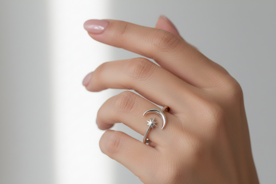 Sterling Silver Thin Crescent Moon Star Ring