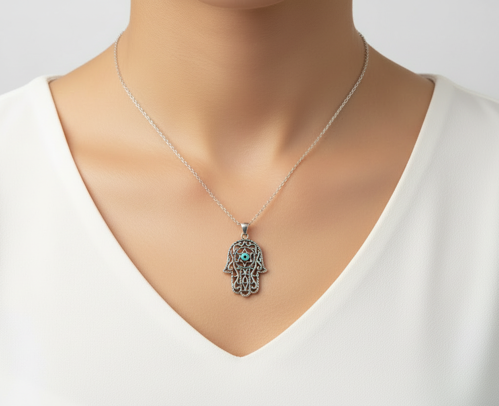 Sterling Silver Evil Eye Hamsa Necklace Chain