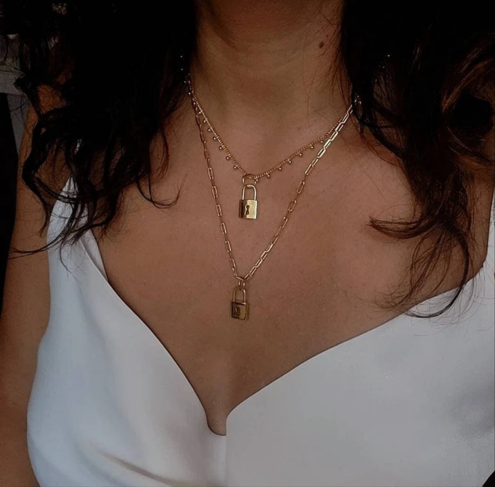 Gold Padlock Pendant Lock with Chain