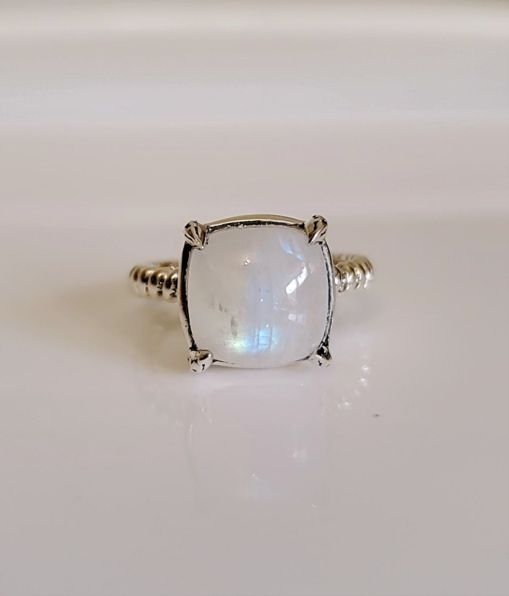Sterling Silver Natural Rainbow Moonstone Ring