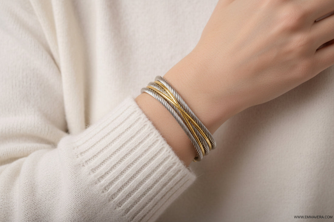 Cross Over Two Tone Large Statemeny Bangle Bracelet