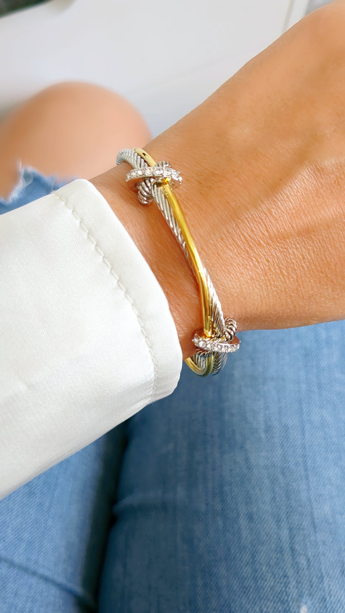 Two Tone Double X Bangle Bracelet with Simulated Diamonds Accents
