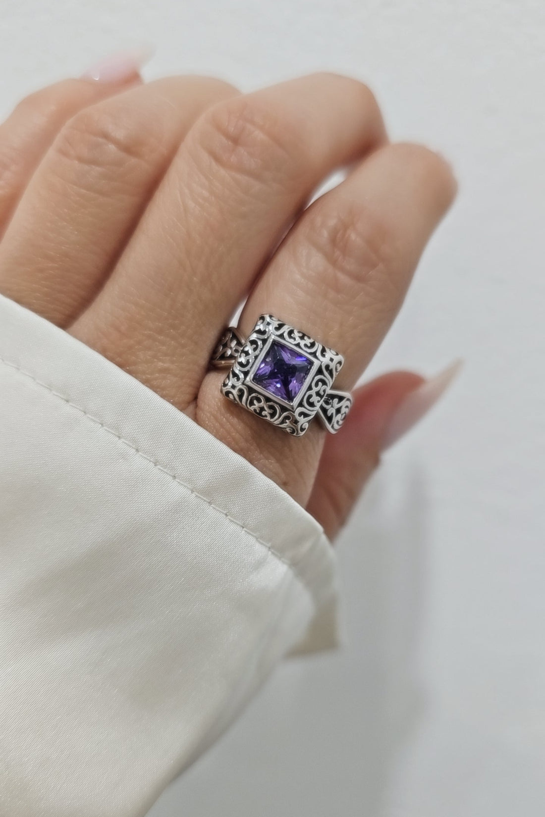 Sterling Silver Bali Square Princess Cut Amethyst Ring