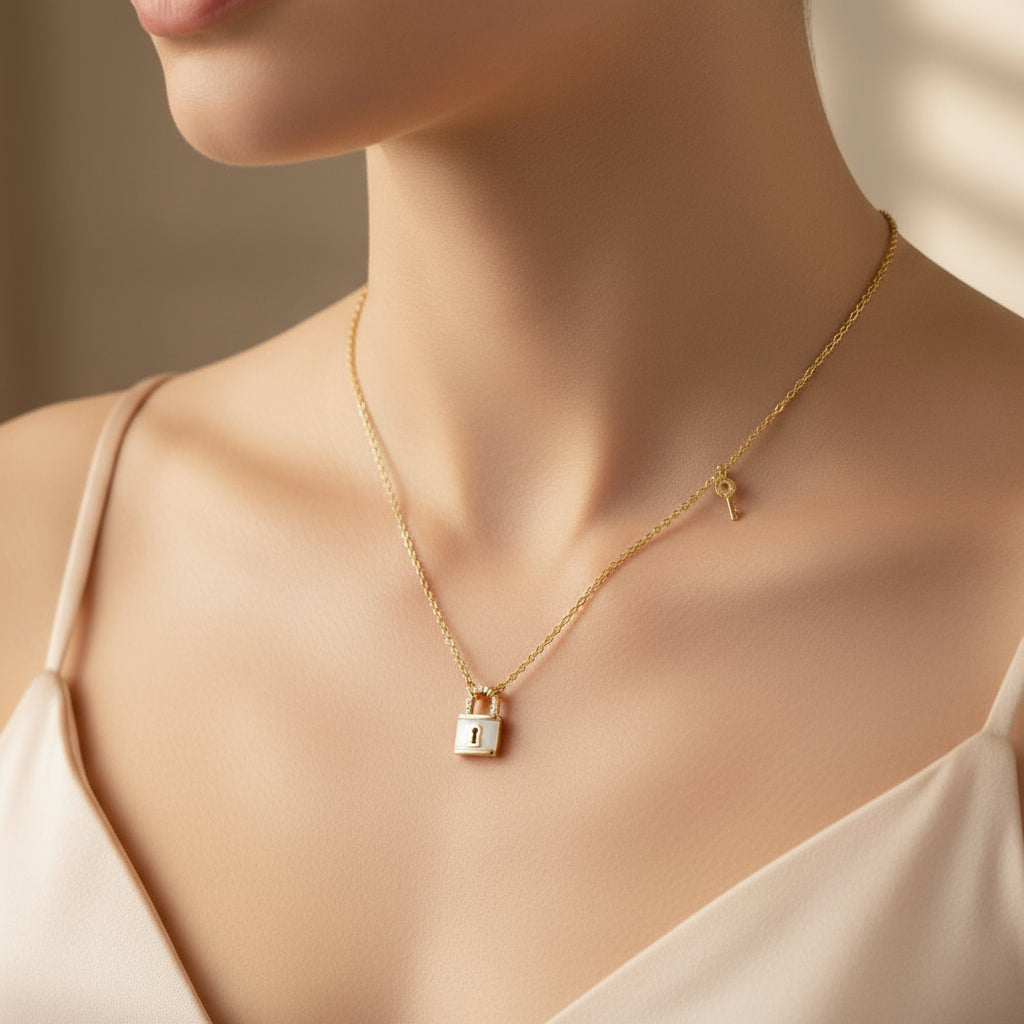 Gold Mother of Pearl Lock Pendant with Key