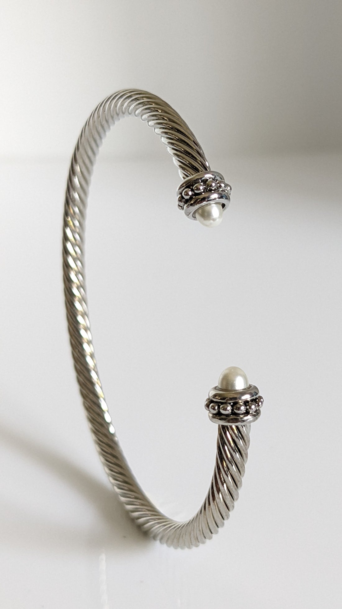 Pearl Silver Cable Bangle Bracelet