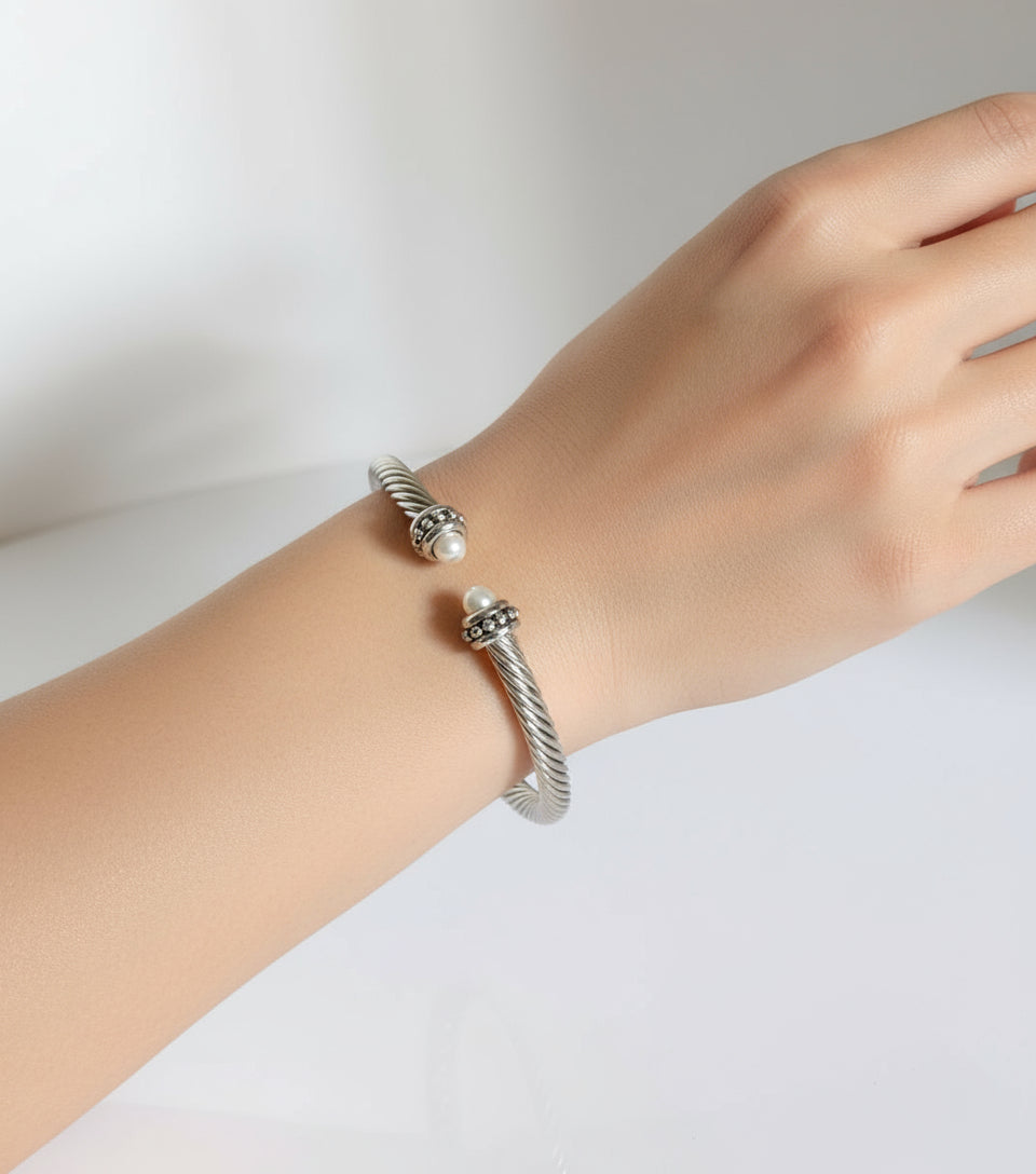 Silver Cable Pearl Bangle Bracelet