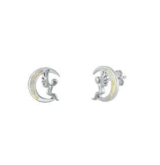 Sterling Silver Angel Sitting on the Moon White Opal Stud Earrings