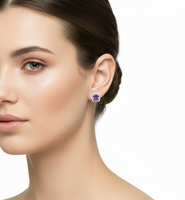 Amethyst Halo Sterling Silver Earrings