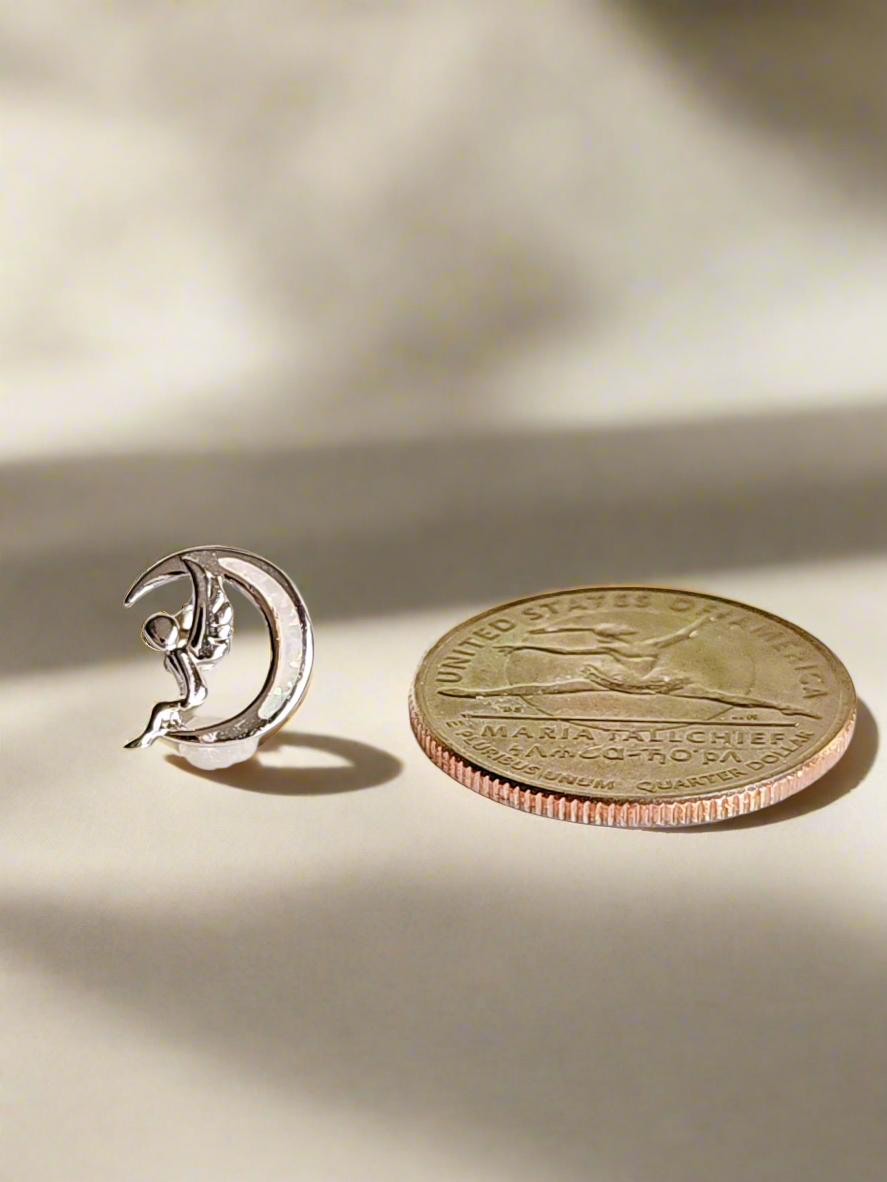 Sterling Silver Angel Sitting on the Moon White Opal Stud Earrings