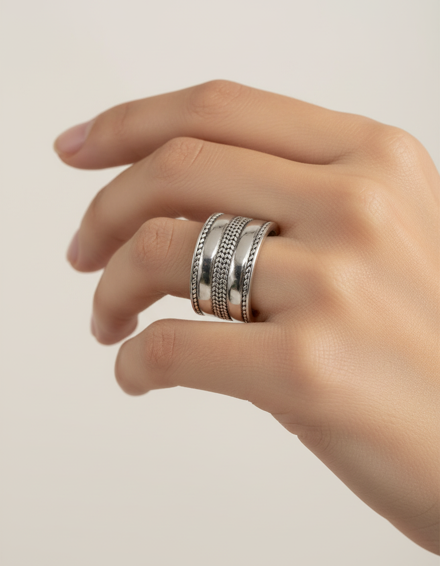 Sterling Silver Chunky Wide Concave Bali Ring
