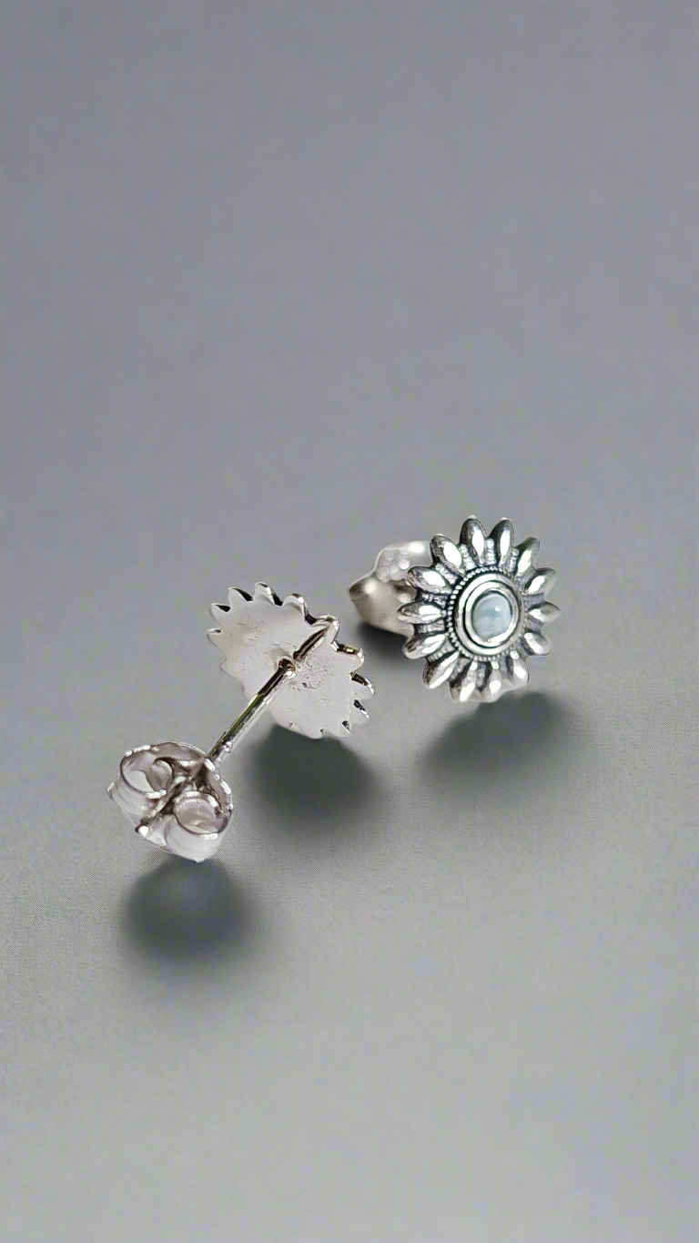 Sterling Silver Natural Larimar Flower Studs Earrings
