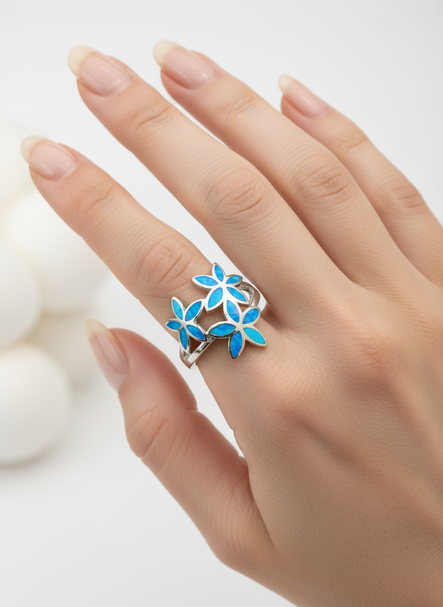 Sterling Silver Hawaiian Plumeria Blue Opal Ring