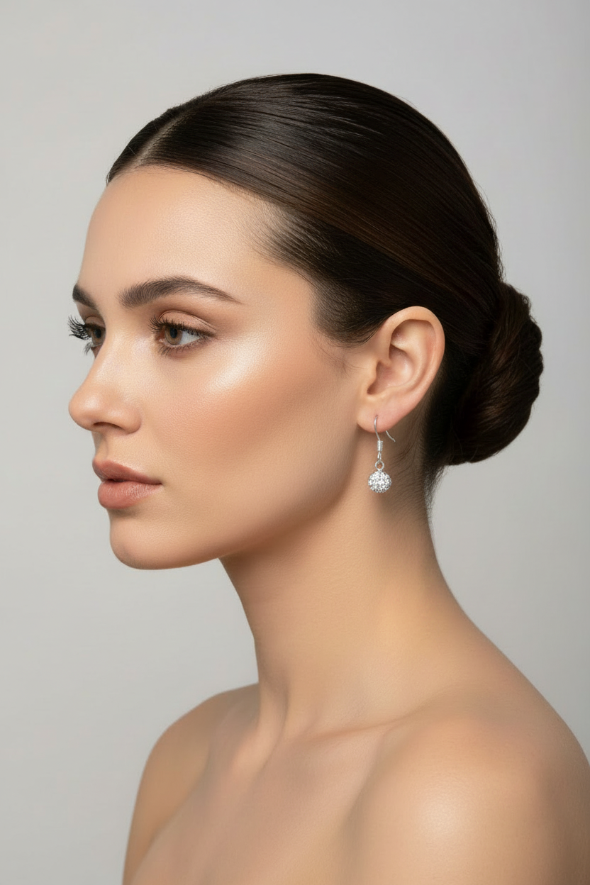 Sterling Silver White Crystal Disco Ball Earrings