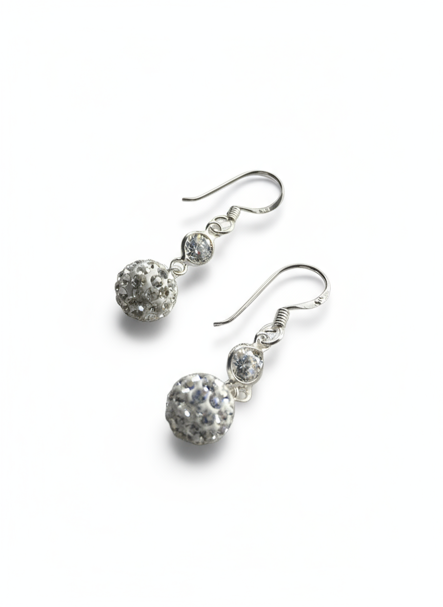 Sterling Silver White Crystal Disco Ball Earrings