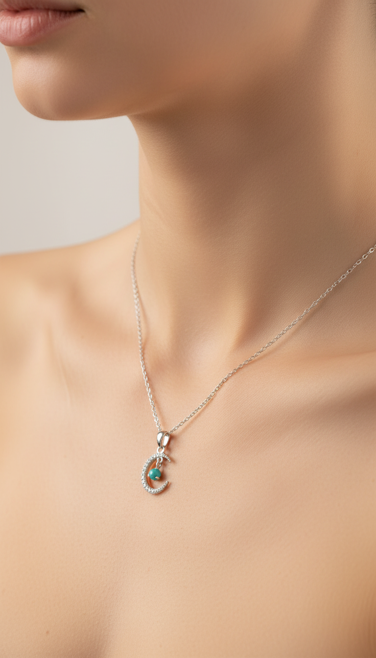 Sterling Silver Turquoise Moon Pendant Necklace