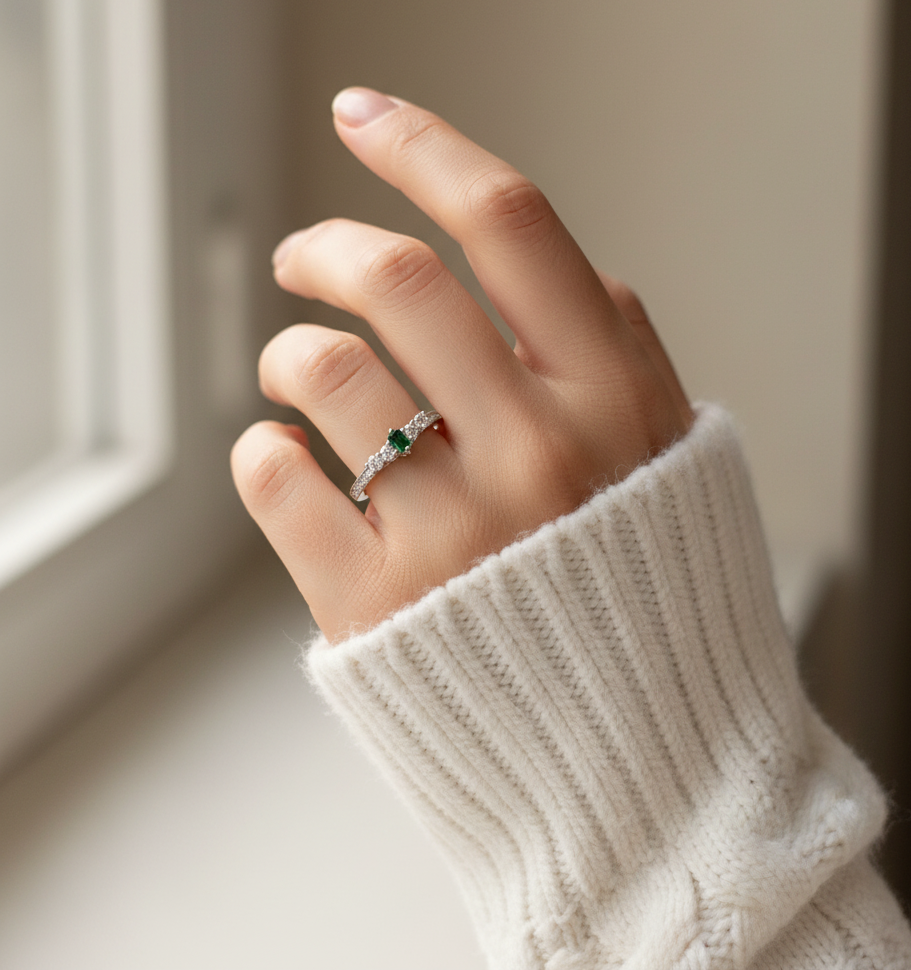 Sterling Silver Emerald Dainty Ring