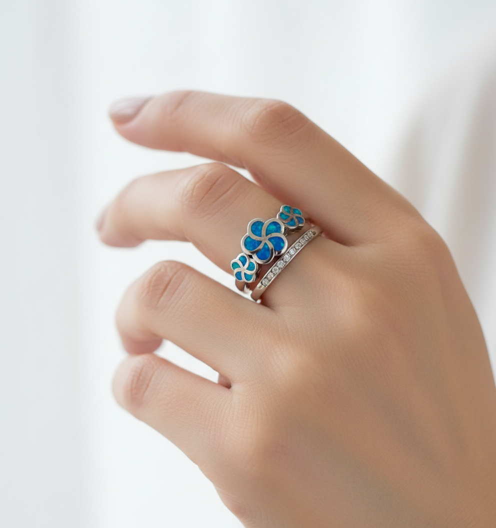 Sterling Silver Plumeria Hawaiian Blue Opal Ring