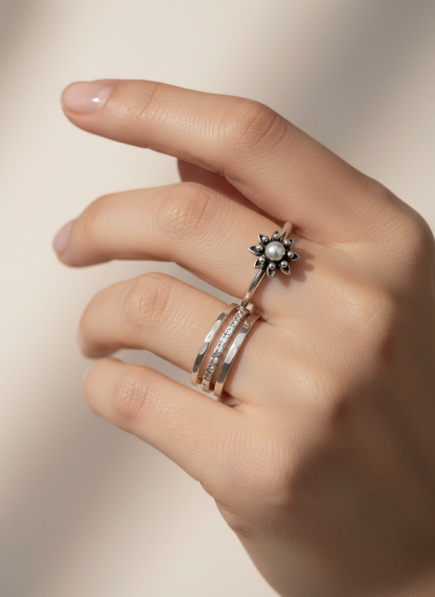 Sterling Silver Beaded Flower Bali Ring