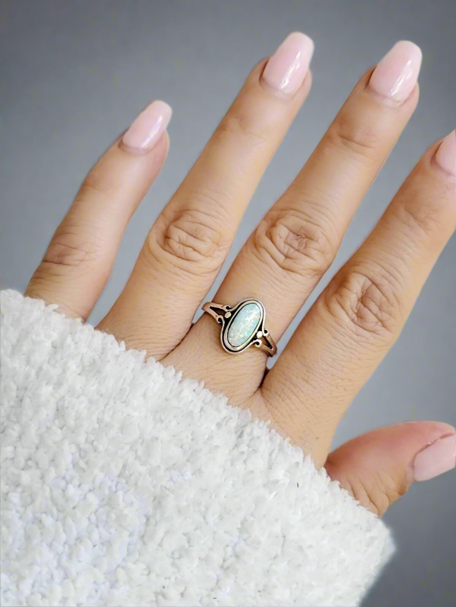 Sterling Silver White Opal Oval Ring