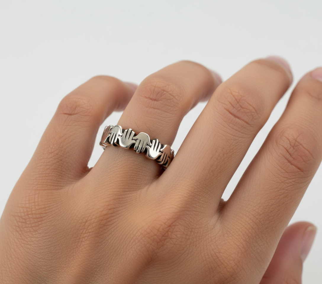 Sterling Silver Hand of Fatima Hansa Protection Amulet Ring