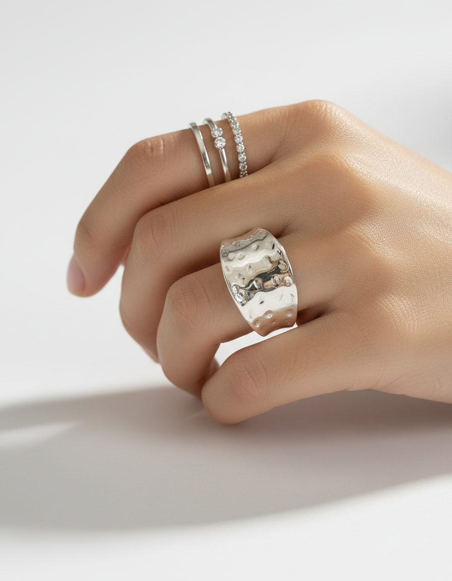 Sterling Silver Concave Hammered Silver Ring