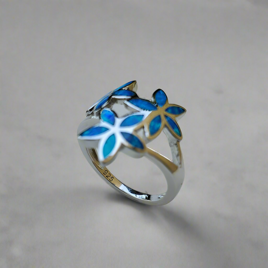 Sterling Silver Hawaiian Plumeria Blue Opal Ring