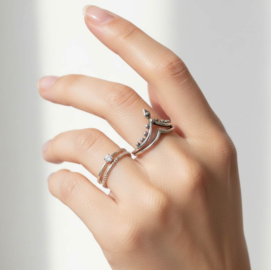 Sterling Silver Dainty Beaded Crown Ring