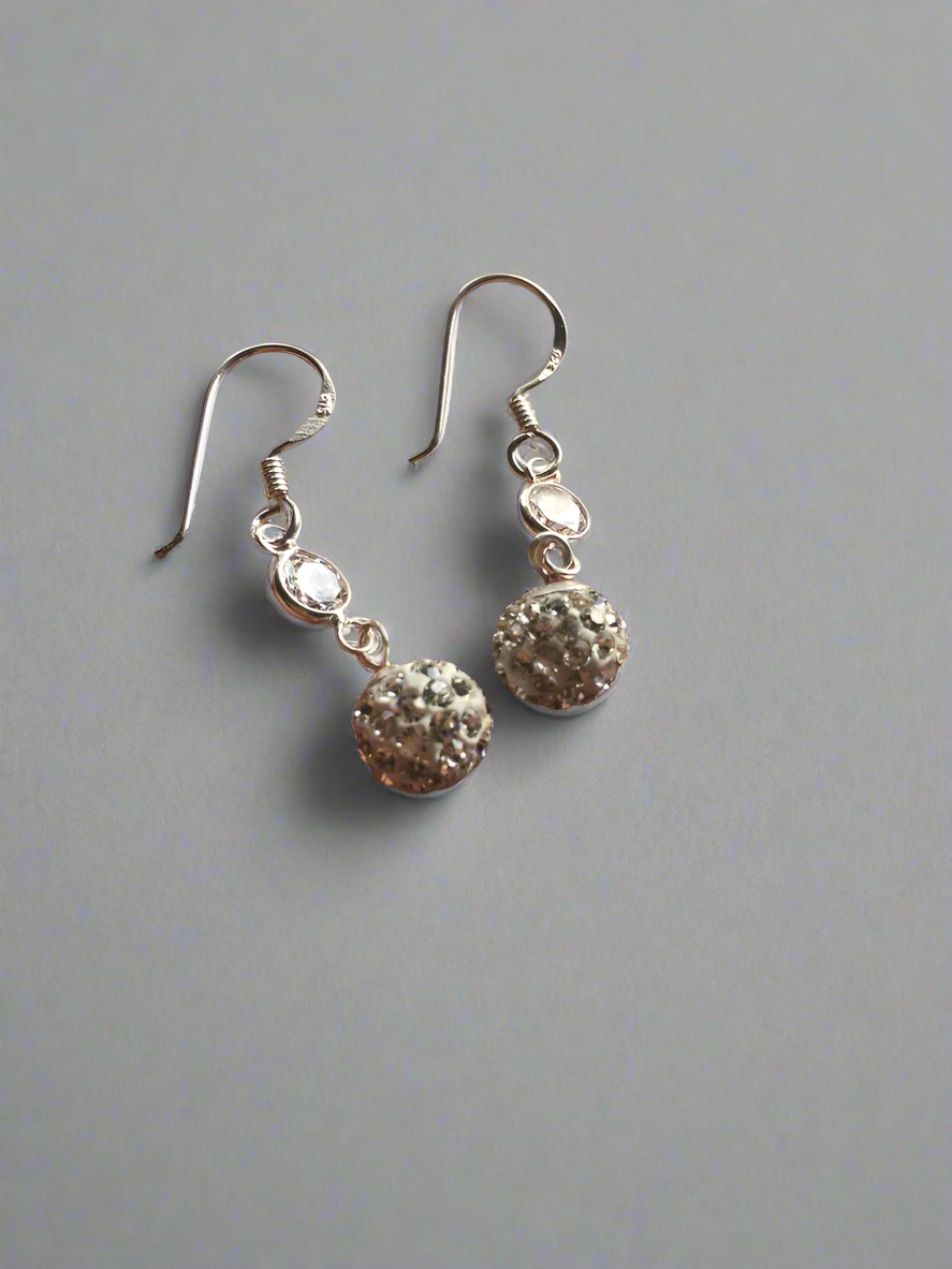 Sterling Silver White Crystal Disco Ball Earrings