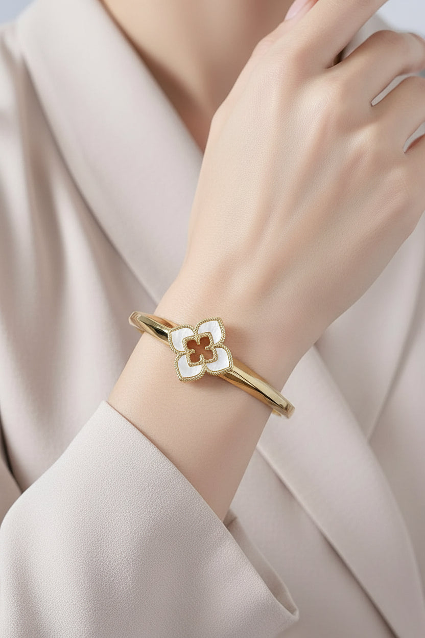 Gold Mother of Pearl Clover Bangle