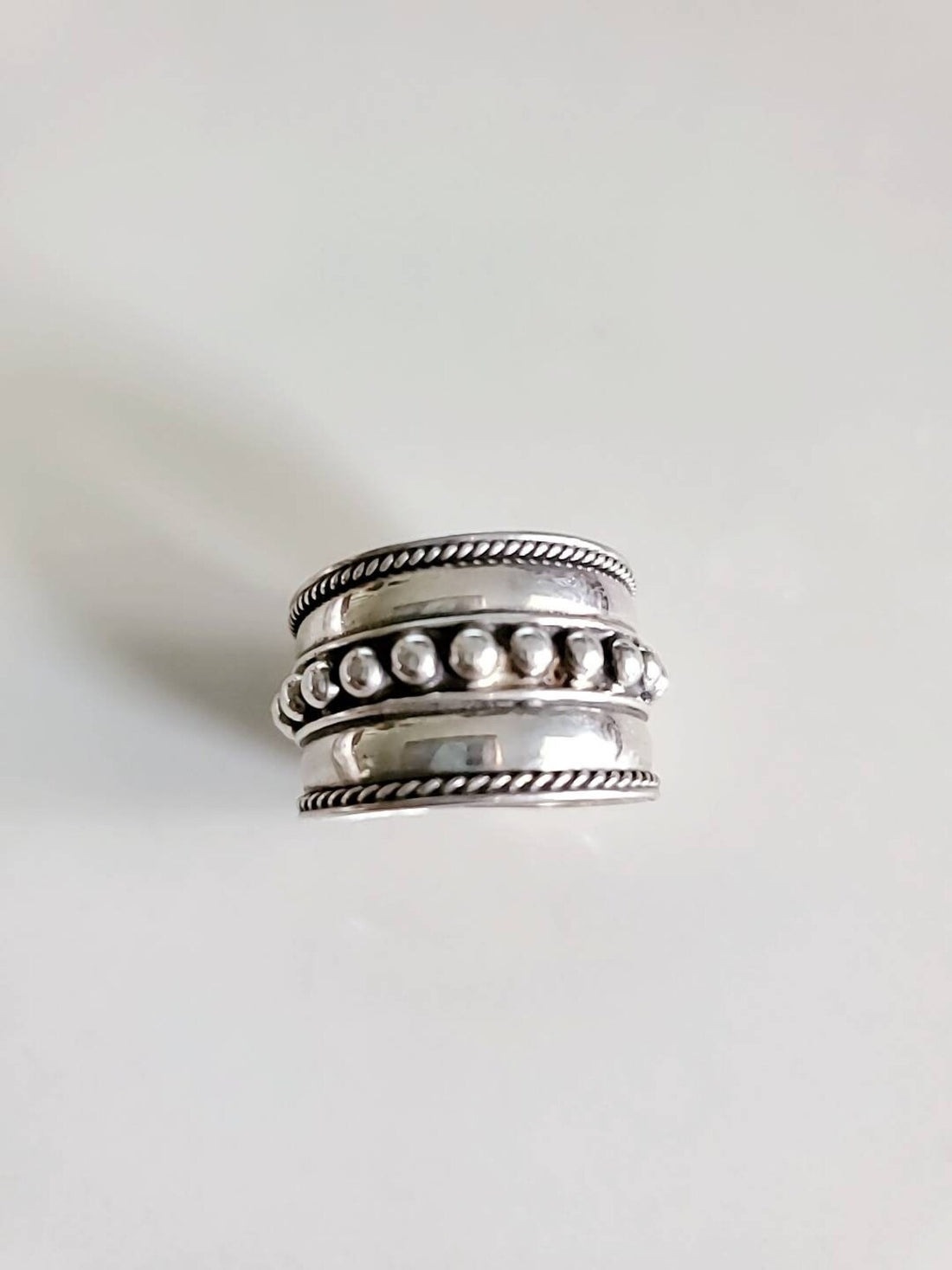 Sterling Silver Concave Beaded Bali Ring