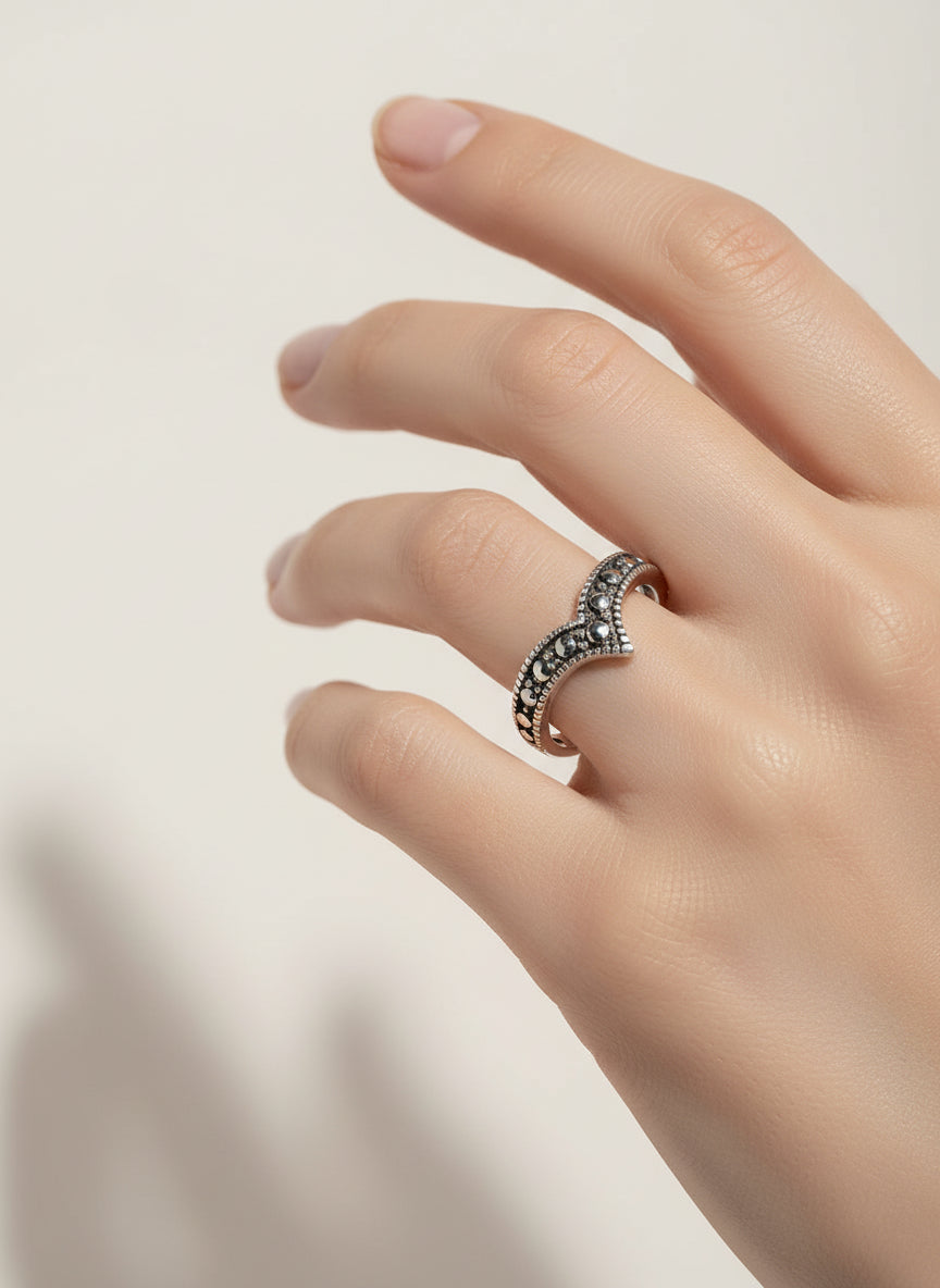 Sterling Silver Bali V Beaded Chevron Ring