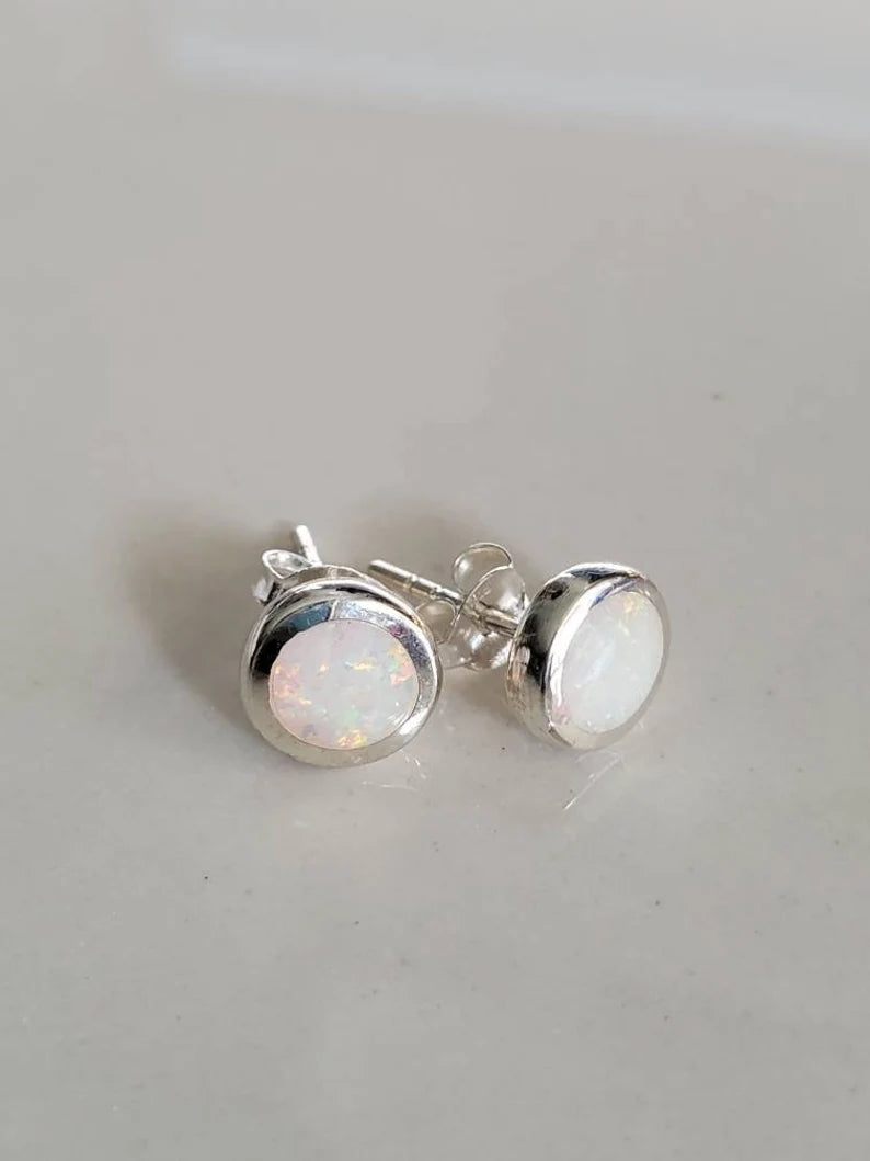 White Rainbow Opal Sterling Silver Studs Size 4mm to 10mm