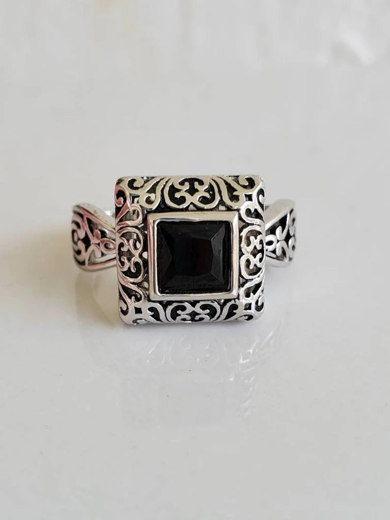 Bali Square Princess Cut Onyx Sterling Silver Ring