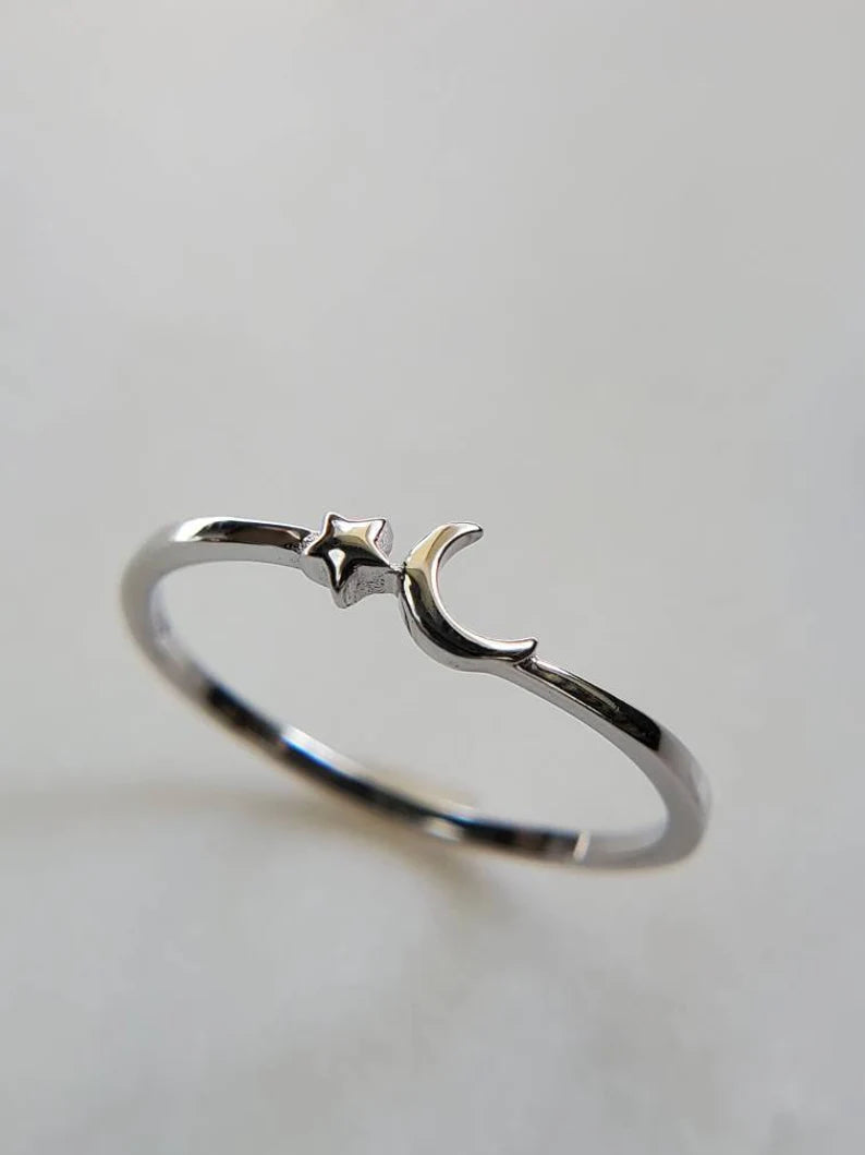 Crescent Moon And Star Sterling Silver Ring