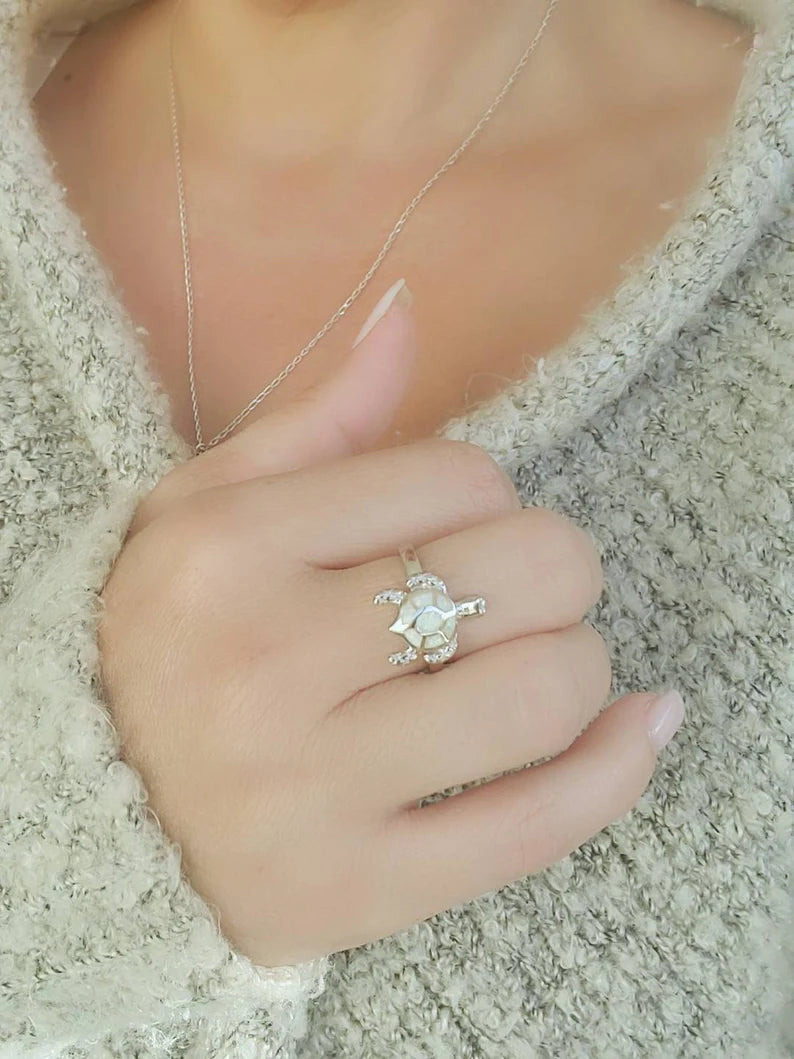 White Opal Turtle Sterling Silver Ring