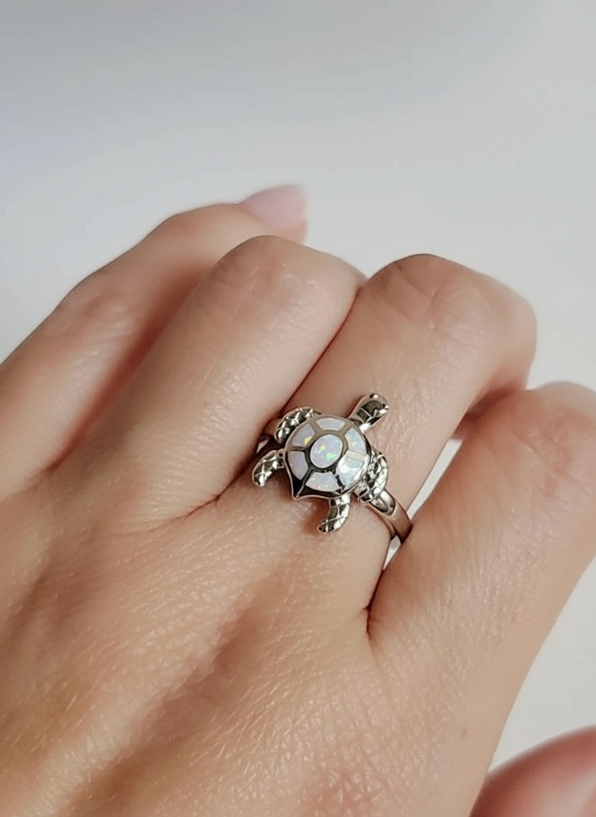 Sterling Silver White Opal Sea Turtle Ring