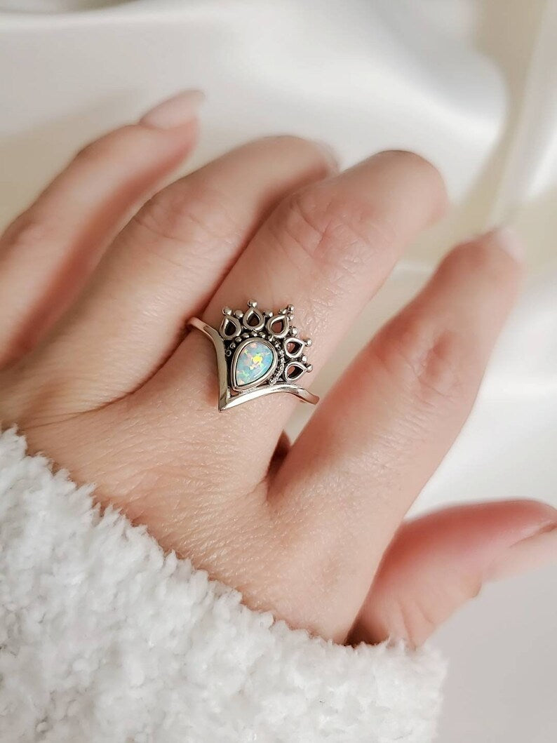 Sterling Silver 925 White Opal Mandala Ring