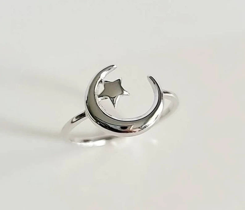 Crescent Moon Star Sterling Silver Ring