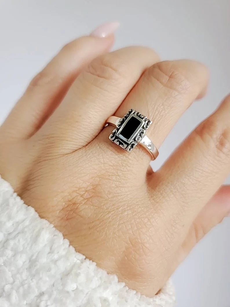 Minimalist Dainty Black Stone Stackable Ring