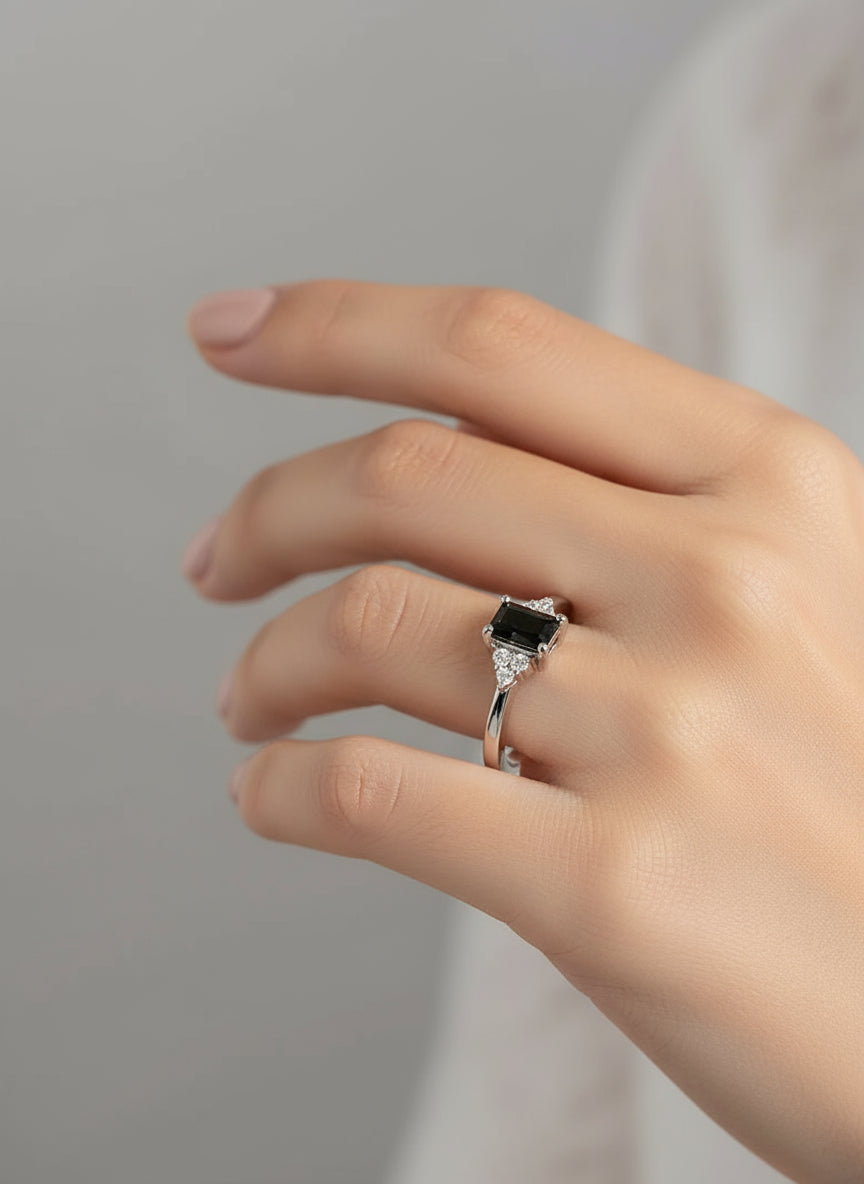 Sterling Silver 925 Onyx Princess Cut Ring