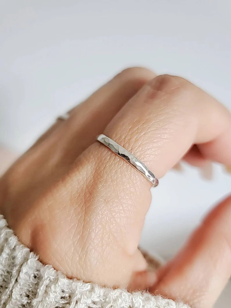 Sterling Silver Simple Solid Hammered Band Ring