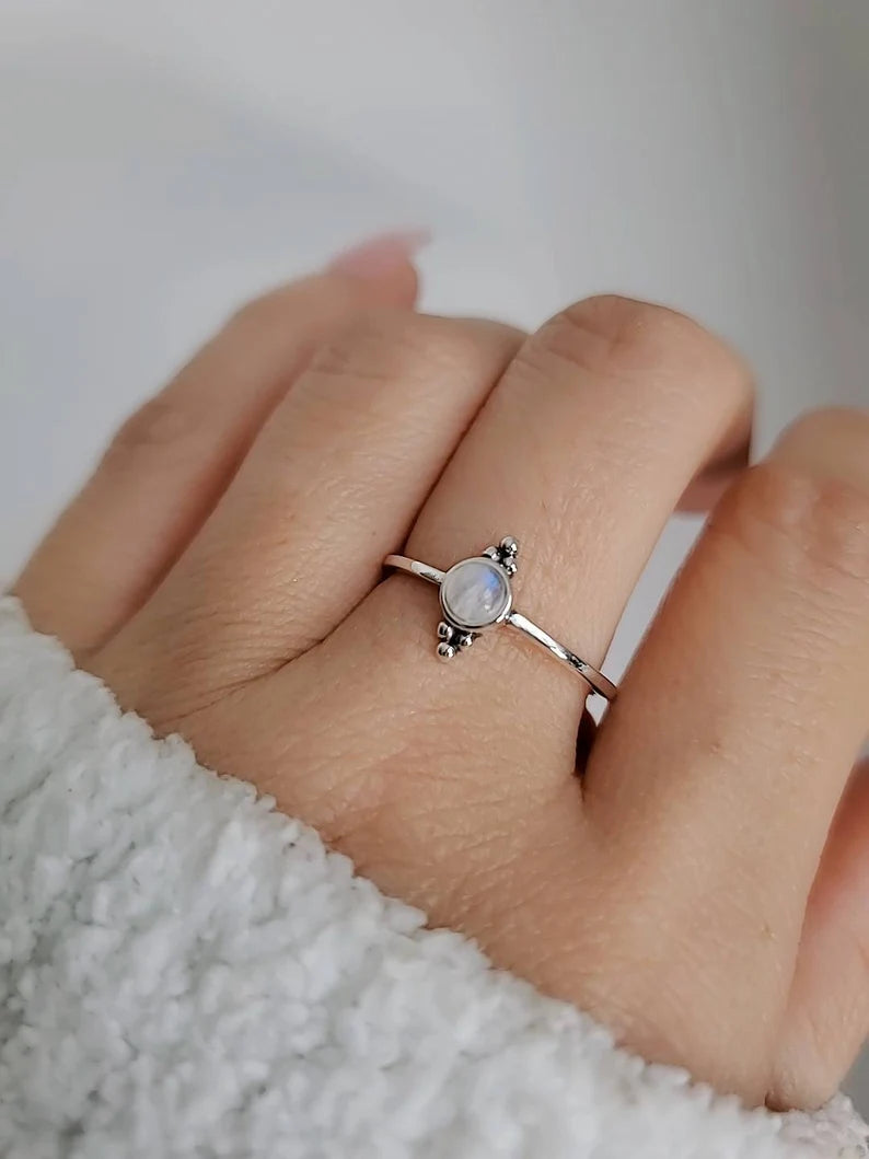 Sterling Silver Dainty Rainbow Moonstone Ring