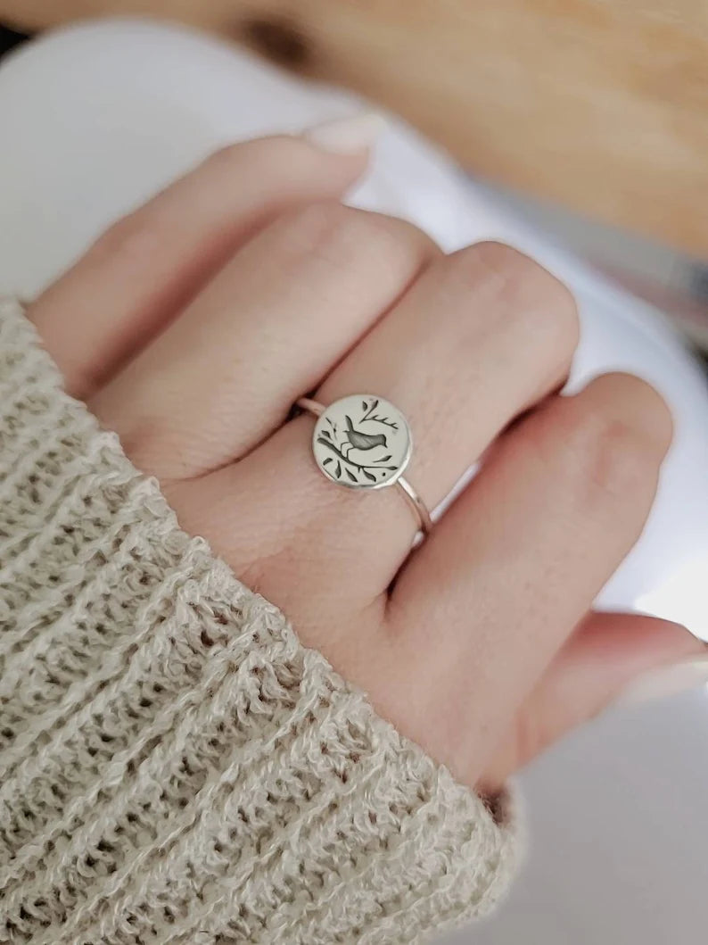 Engraved Songbird Sterling Silver Ring