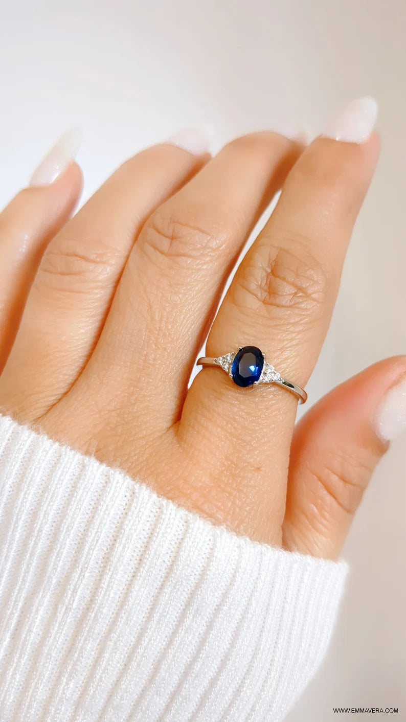 Sterling Silver Precious Oval Cut Sapphire Ring