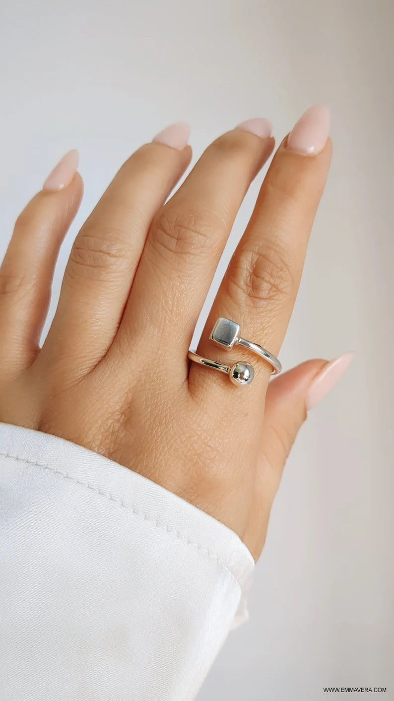 Sterling Silver Square Sphere Geometric Ring