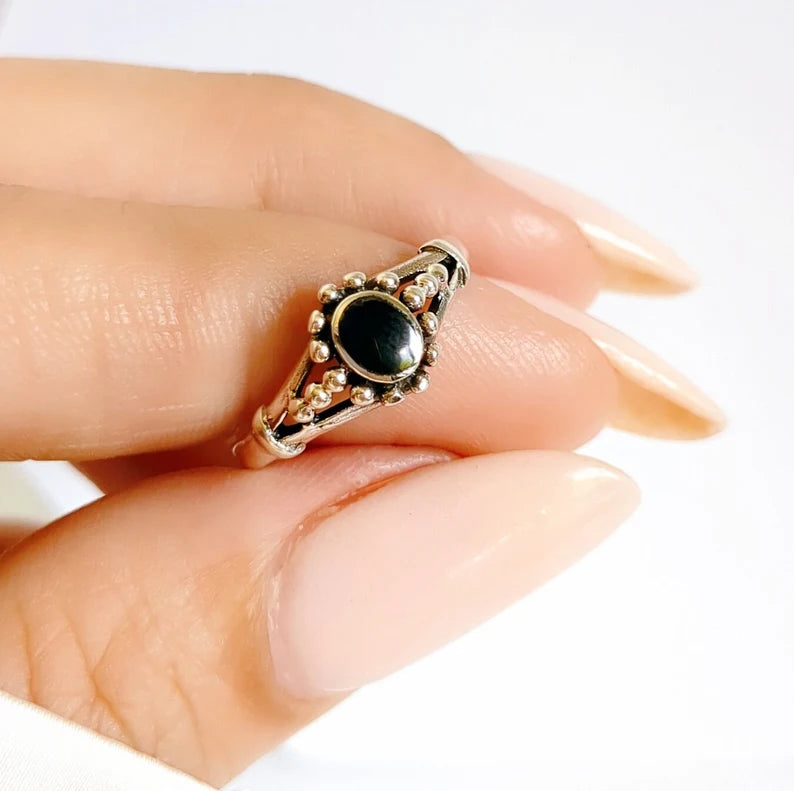 Genuine Beaded Onyx Sterling Silver Ring