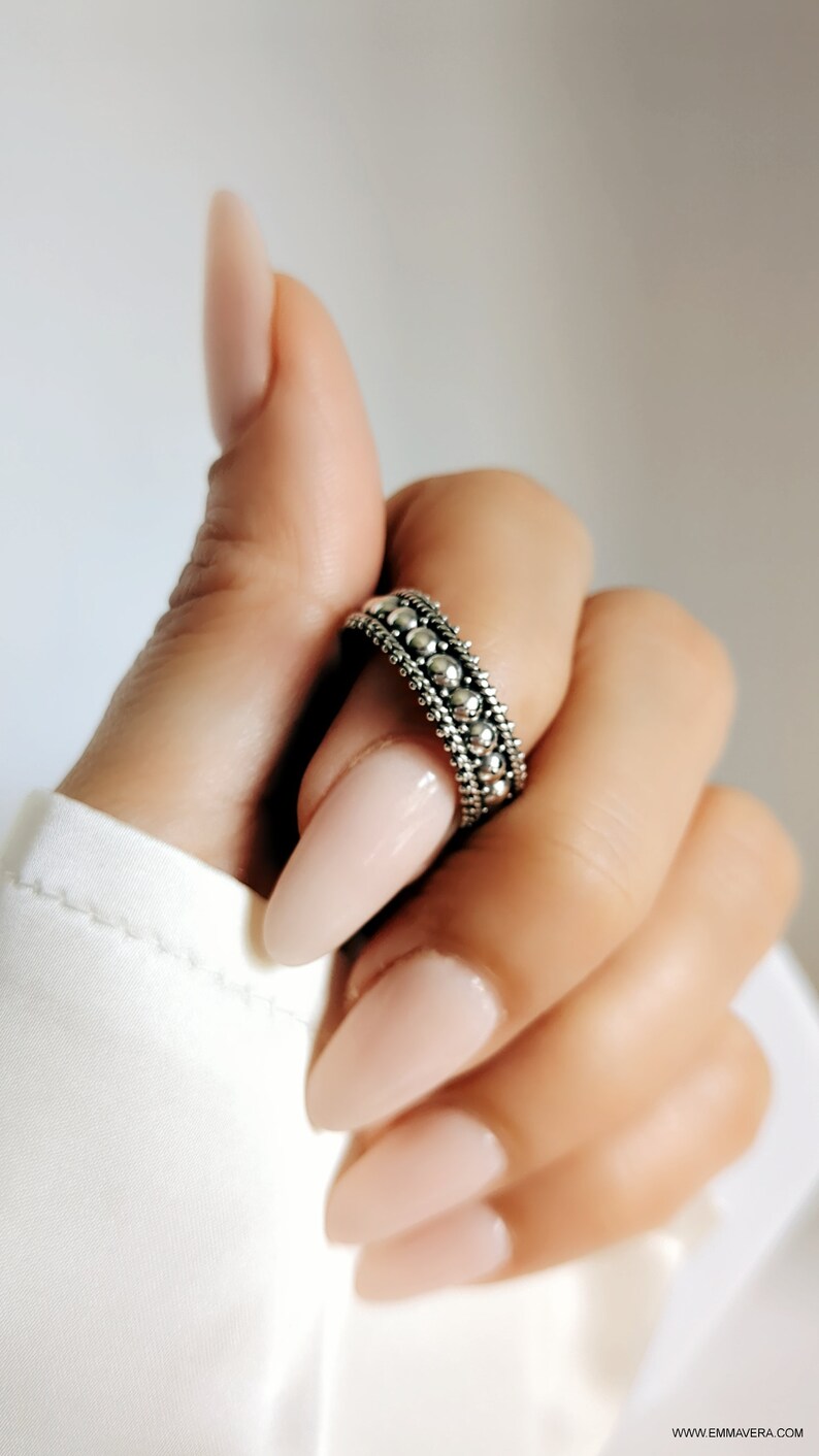 Sterling Silver Beaded Bali Ring